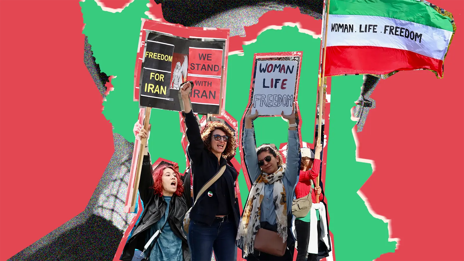 Collage: Marta Hormaechea. Imágenes de la colección 'Iran Protests' de Taymaz Valley, bajo licencia CC BY 2.0.