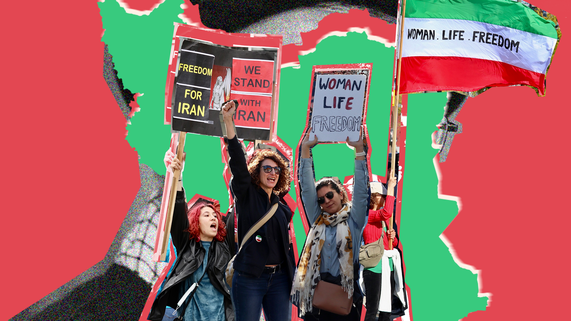 Collage: Marta Hormaechea. Imágenes de la colección 'Iran Protests' de Taymaz Valley, bajo licencia CC BY 2.0.